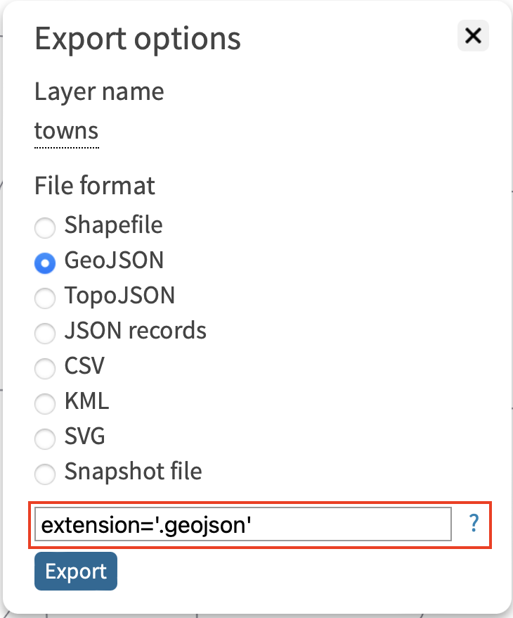 First method: enter extension='.geojson' in the Export command line options
