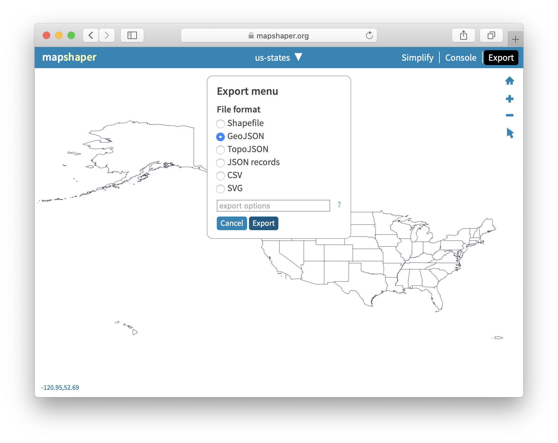 You can use Mapshaper to quickly convert between geospatial file formats.