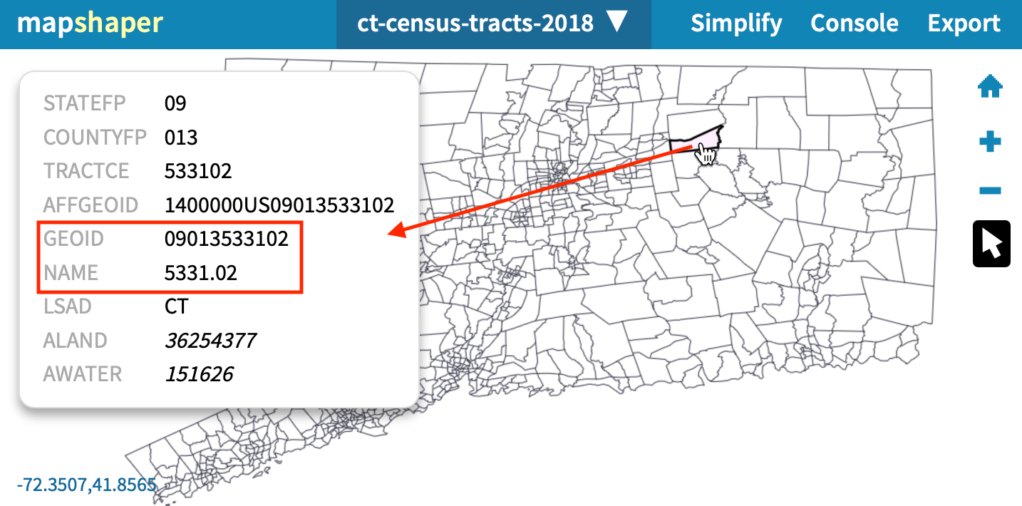 Use the inspect features arrow tool to confirm that each tract contains data columns named GEOID and NAME.