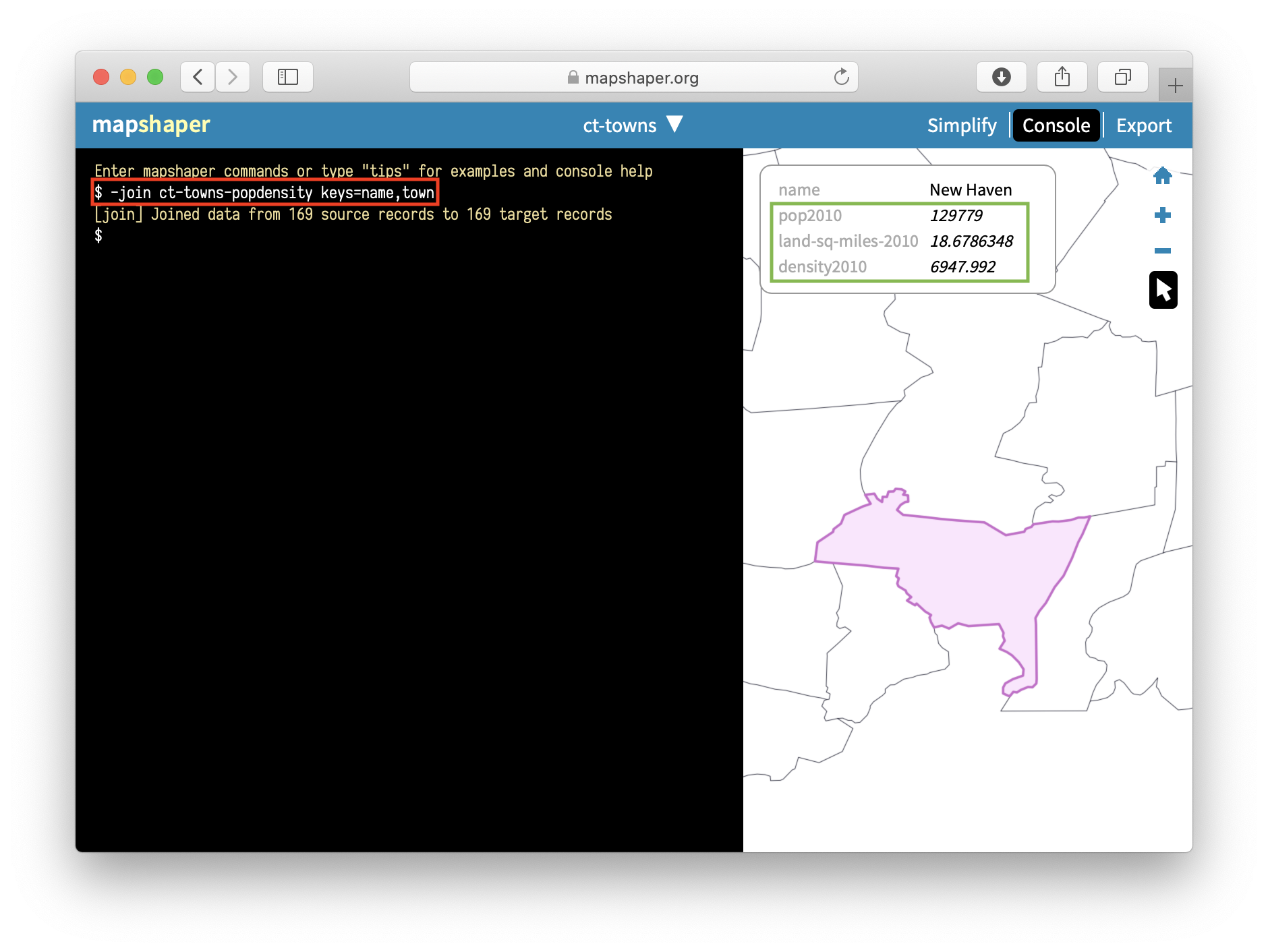 In Mapshaper, join spatial and CSV files using common keys, such as town names.
