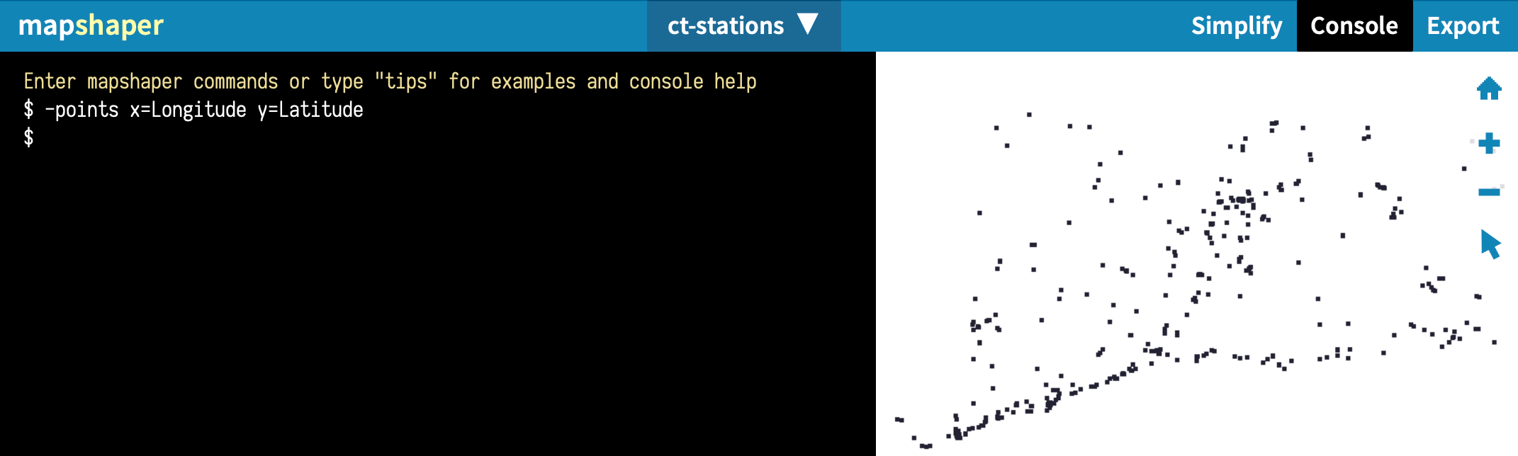 Use the Mapshaper -points command to display your CSV data as XY coordinates on a map.