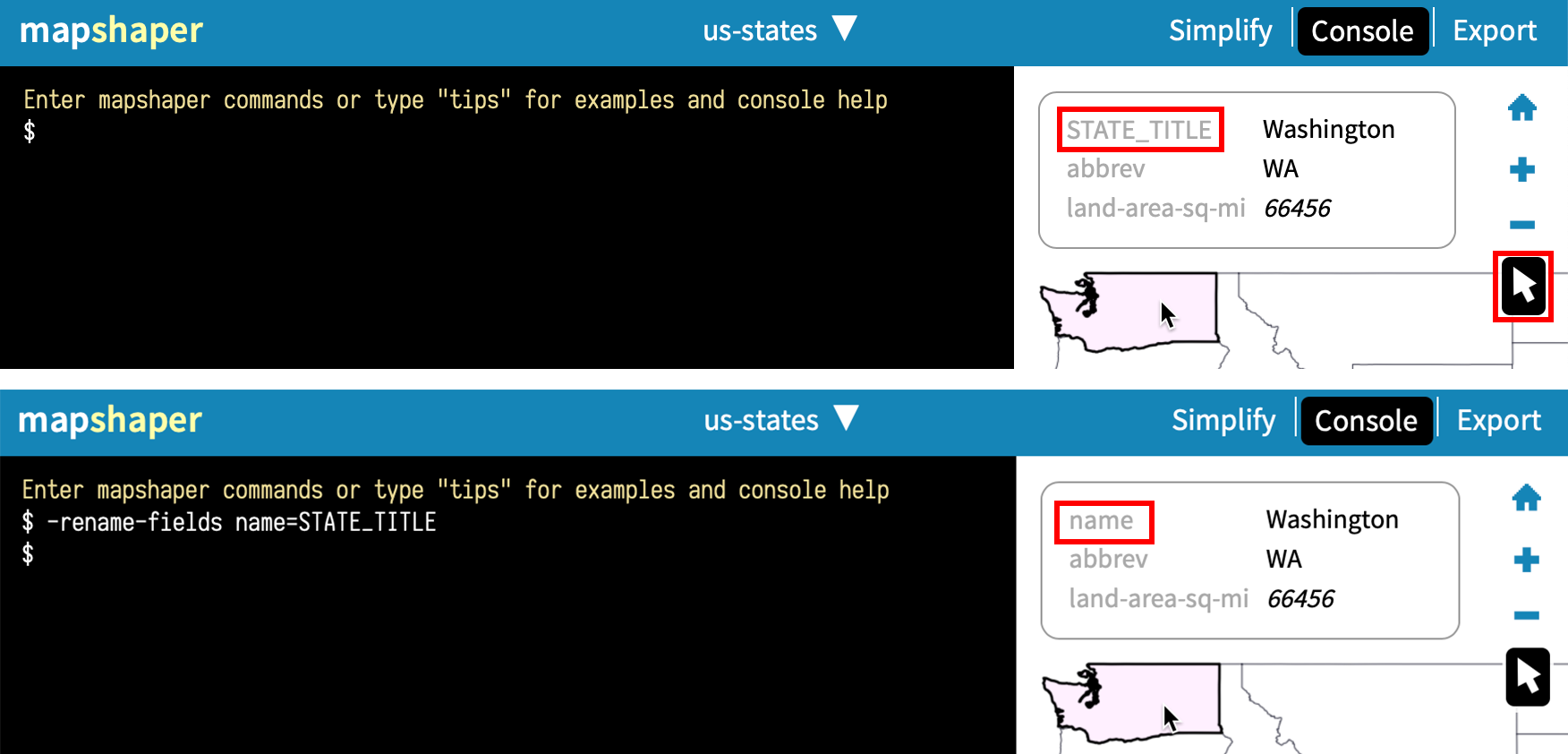 Select the inspect features arrow to view field names, and rename them using the -rename-fields command in the console.