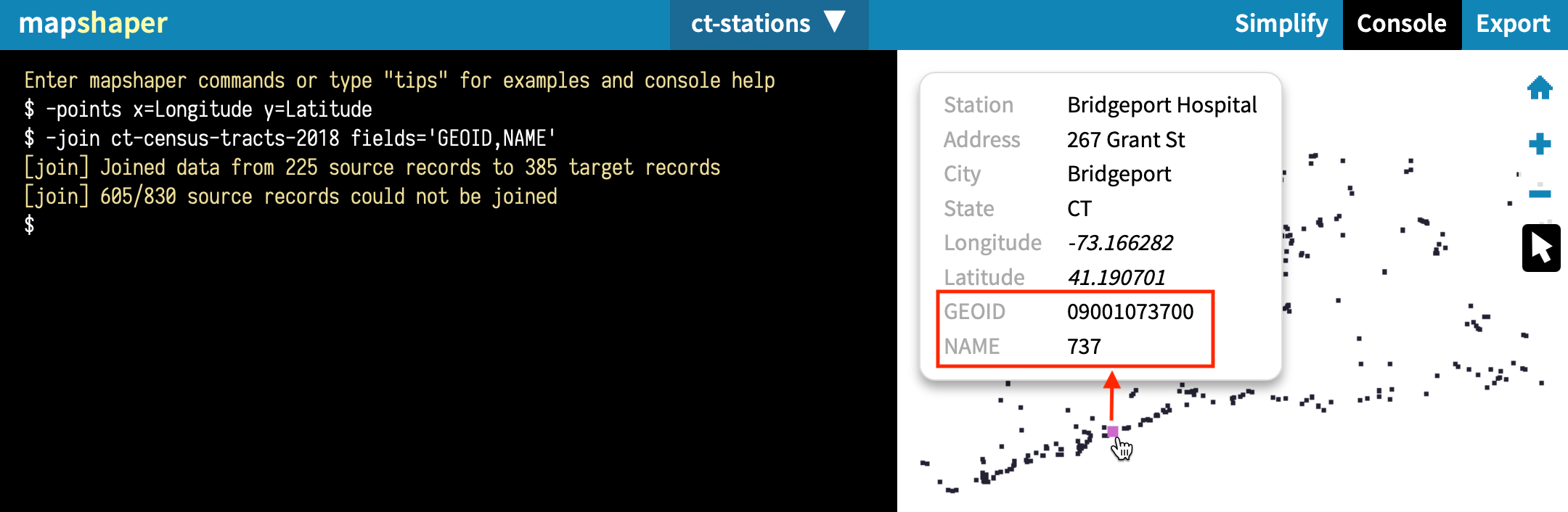 Use the inspect features arrow tool to confirm that each tract contains data columns named GEOID and NAME.