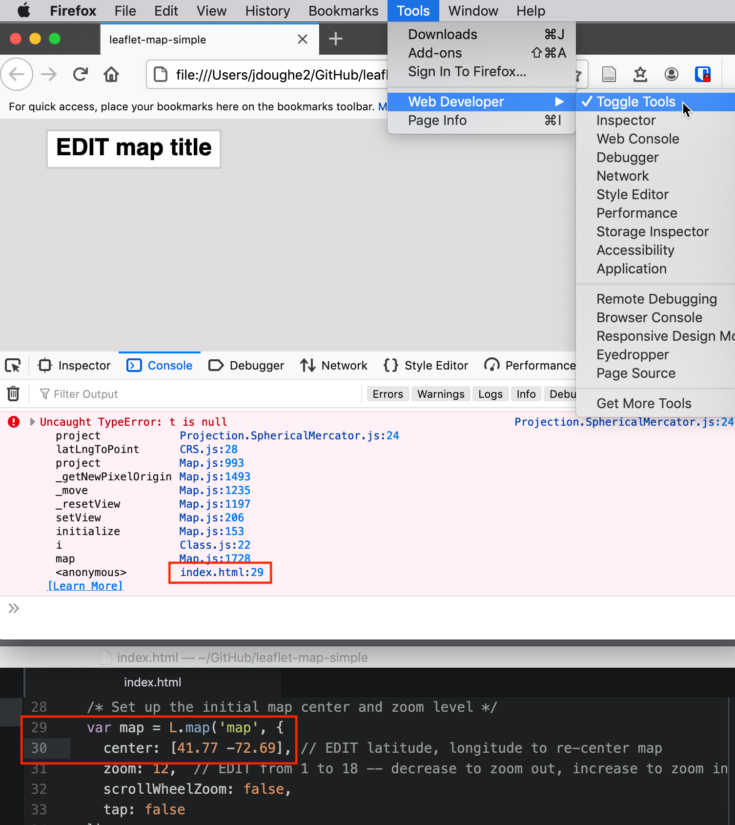 When you open a browser’s developer tools, the console window will display any errors it flags in the code for that web page. In this example, a “broken” map appears as a gray box (top), and the console shows an error in line 29 of the index.html file (middle), which offers a clue about a missing comma between the latitude and longitude coordinates in line 30 (bottom).